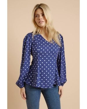 Dorothy Perkins Spot V Neck Blouson Sleeve Top - Blue
