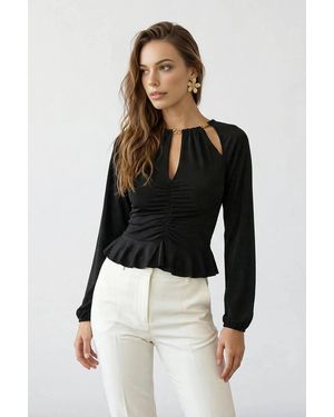 WOVCOR Cut Out Ruched Long Sleeve Peplum Stretch Top - Black