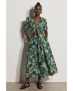 Apricot Tropical Leaf Patchwork Cotton Midi Skirt - Green
