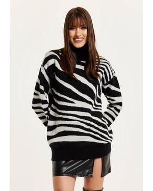 Liquorish Mono Zebra High Neck Jumper - Black
