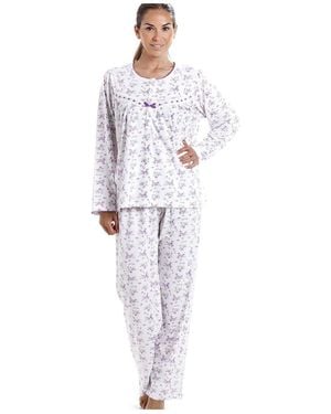 CAMILLE Classic Jersey Cotton Ditsy Floral Print Pyjama Set - Purple