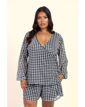 FASHION-SZN Curve Gingham Print Wrap Balloon Sleeve Mesh Blouse - Blue