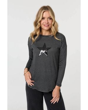 Izabel London Striped Sequin Detail Long Sleeve Top - Black