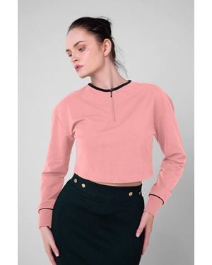 Enorsia Drop Shoulder Half Zip Crop Top - Pink