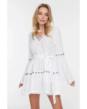 WOVCOR Embroidered Belted Long Sleeve Mini Beach Dress - White