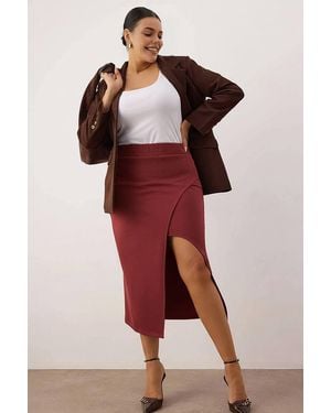 WOVCOR Plain Split Hem Midi Pencil Skirt - Red