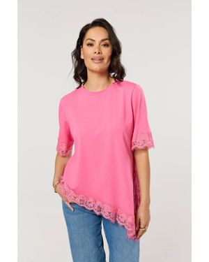 Liquorish Asymmetric Lace Trim Cotton T-Shirt - Pink