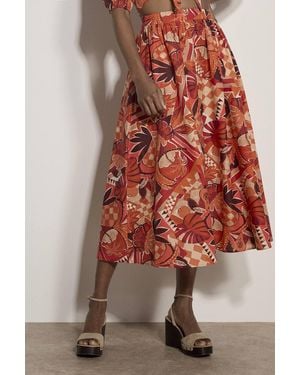 Apricot Tropical Leaf Patchwork Cotton Midi Skirt - Red