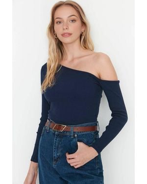 WOVCOR Asymmetrical Ribbed Knit Top W/ One-Shoulder Drape Detail - Blue