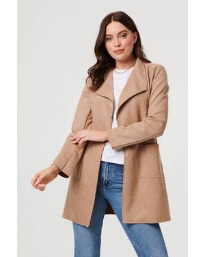 Izabel London Faux Suede Collared Open Front Jacket - Brown