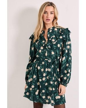 Dorothy Perkins Daisy Frill Yoke Belted Mini Shirt Dress - Green