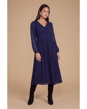 Dorothy Perkins Petite Spot Contrast Sleeve Button Front Tiered Hem Midi Dress - Blue