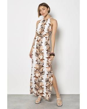 Apricot Tropical Leaf Halter Neck Maxi Dress - White