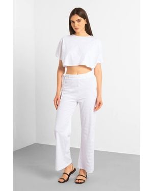 Enorsia Wide Trouser & Crop Blouson Sleeve Top Set - White