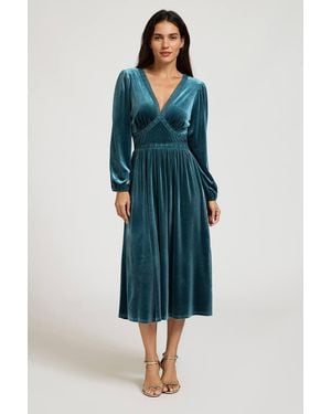 FS Collection Foil Velvet Lace Trim Neckline Midi Dress - Blue