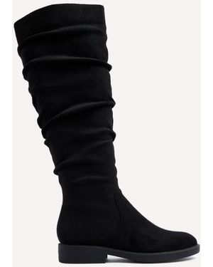 Linzi Liana Faux Suede Knee High Flat Ruched Boots - Black