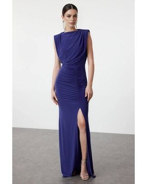 WOVCOR Draped Ruched Split Maxi Dress - Blue