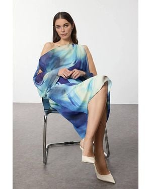 WOVCOR Abstract Print One Shoulder Midi Dress W/ Contour Fit - Blue