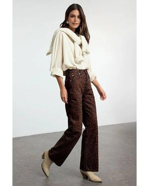 WOVCOR Leopard Print High Waist Suede Look Wide Leg Trousers - Brown