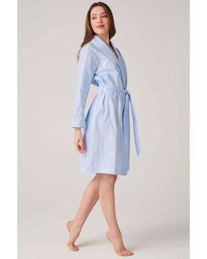British Boxers "Breezy Satin Stripe" Crisp Cotton Mid-Length Dressing Gown - Blue