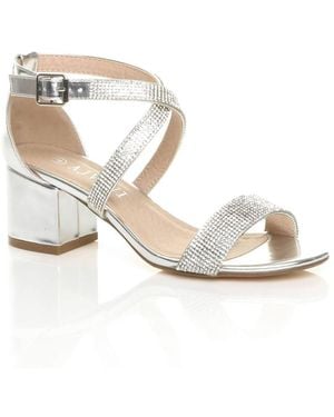 AJVANI Mid Block Heel Crossed Straps Diamante Sandals - White