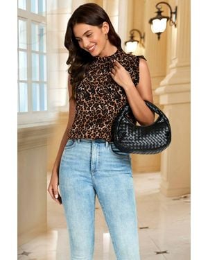 FS Collection Leopard Print Frill Trim Sleeve Frill Neck Blouse Top - Brown