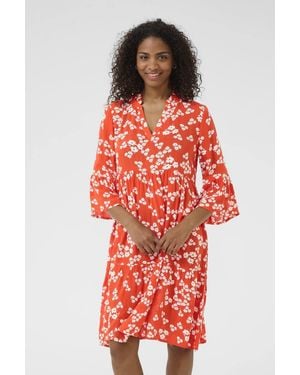 Kaffe Kahera V-Neck Knee-Length Printed Dress - Red