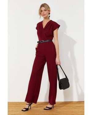 WOVCOR Wrap Neck Belted Wide Leg Woven Jumpsuit - Red