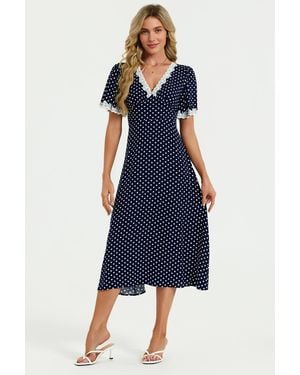 FS Collection Lace Trim Dot Print Midi Dress - Blue
