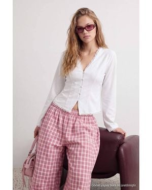 WOVCOR Lace Detail Fitted V Neck Long Sleeve Shirt - Pink