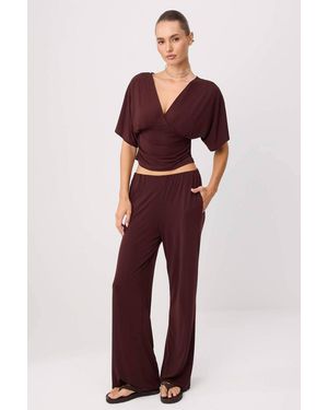 WOVCOR 2-Piece Fitted Batwing Sleeve Wide Leg Co-Ord Set - Red