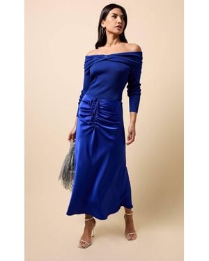 Little Mistress Cobalt Gathered Detail Satin Midaxi Skirt - Blue