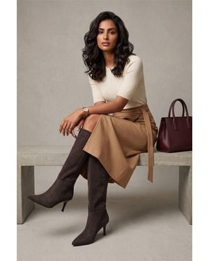 Miss Diva Ira Pointed Toe Low Heel Knee High Faux Suede Boots - Brown