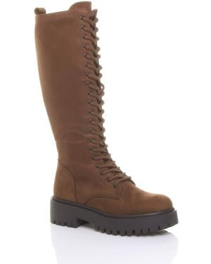 AJVANI Chunky Heel Platform Lace Up Zip Calf Biker Military Boots - Brown