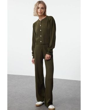 WOVCOR Two-Piece Knit Lounge Set – Cropped Cardigan & Wide-Leg Trousers - Green