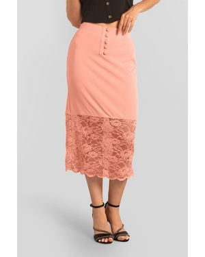 Enorsia Lace Tiered Button Detail Midi Skirt - Pink