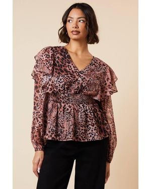 Dorothy Perkins Animal Shirred Waist Button Front Chiffon Long Sleeve Blouse