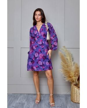 Chi Chi London Plus Size V Neck Floral Printed Chiffon Dress - Purple
