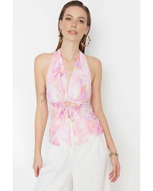 WOVCOR Printed Halterneck Ring Detail Blouse Top - Pink