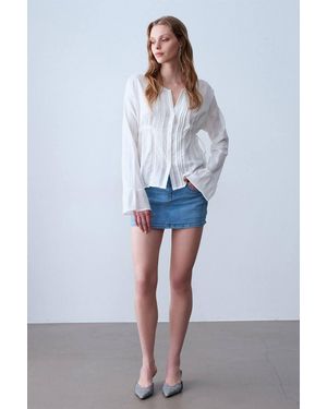 Dilvin Embroidered V-Neck Woven Blouse - Grey