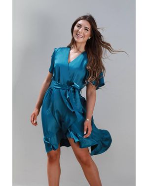 Double Second Frill Wrap Dress W/ Tea Sleeve - Blue