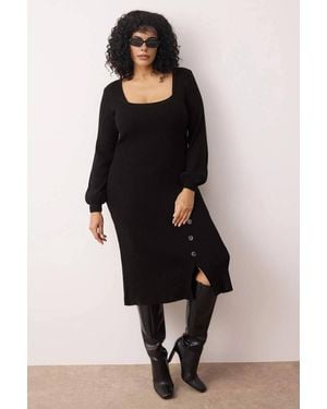 WOVCOR Square Neck Ribbed Knit Button Detail Midi Dress - Black