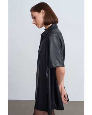 Dilvin Loose Fit Faux Leather Mini Shirt Dress - Grey