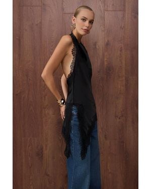WOVCOR Cowl Neck Lace Trim Satin Halterneck Blouse - Brown