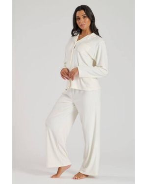 Loungeable Super Soft Velour Long Sleeve Buttoned Pyjamas - Natural