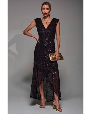 Jolie Moi Sequin Asymmetric Ruffle Hem Maxi Dress - Black