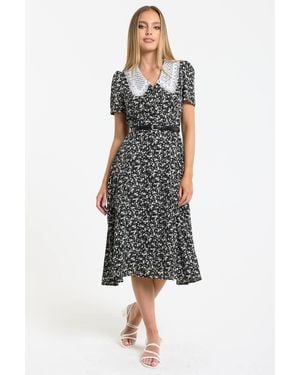 Liquorish Floral Lace Collar Midi Dress - Black