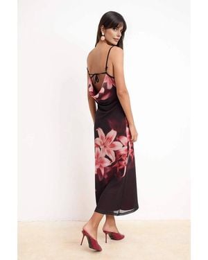 WOVCOR Floral Print Strappy Fishtail Maxi Dress W/ Sheer Hem - Red