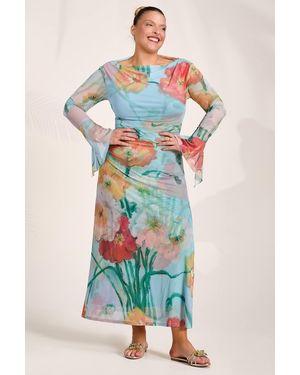 Jolie Moi Long Sleeve Slash Neck Mesh Maxi Dress - Blue
