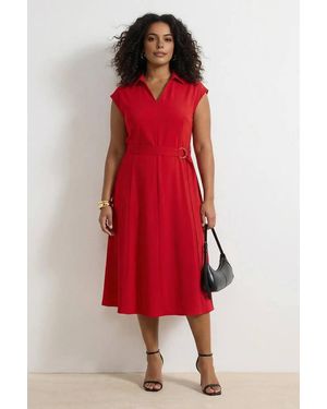 WOVCOR Collared V Neck Belted Midi Shirt Dress